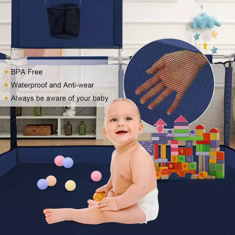 50x50 4-Panel Baby Playpen Portable Playard with Basketball Hoop