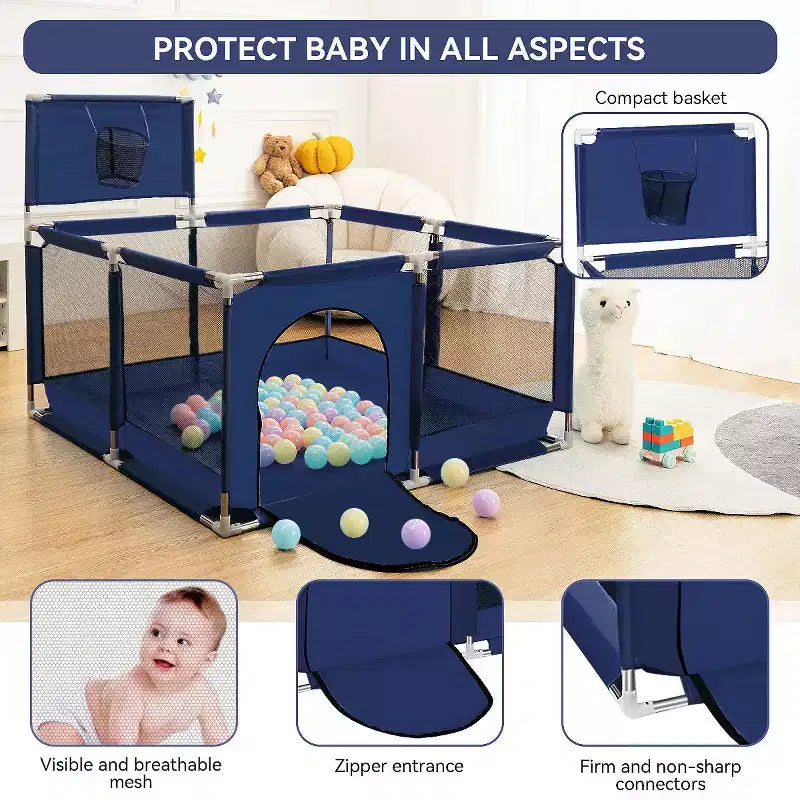 50x50 4-Panel Baby Playpen Portable Playard with Basketball Hoop