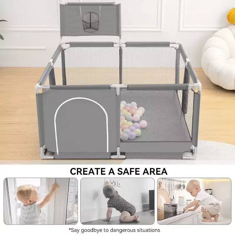 50x50 4-Panel Baby Playpen Portable Playard with Basketball Hoop
