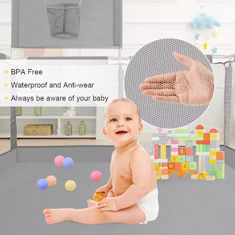 50x50 4-Panel Baby Playpen Portable Playard with Basketball Hoop