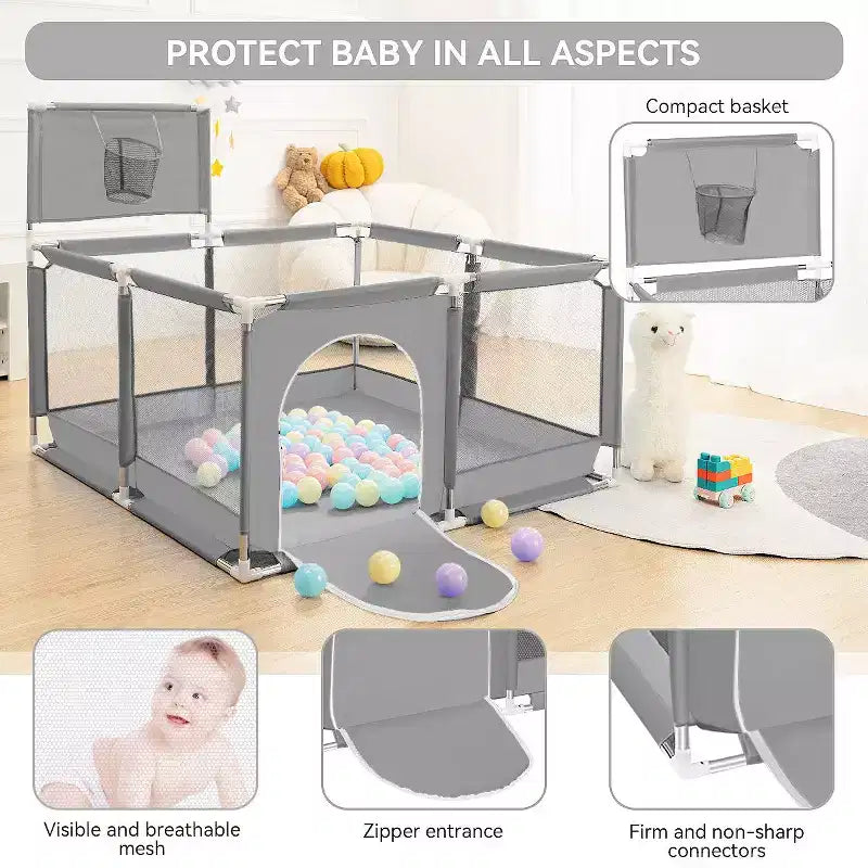 50x50 4-Panel Baby Playpen Portable Playard with Basketball Hoop