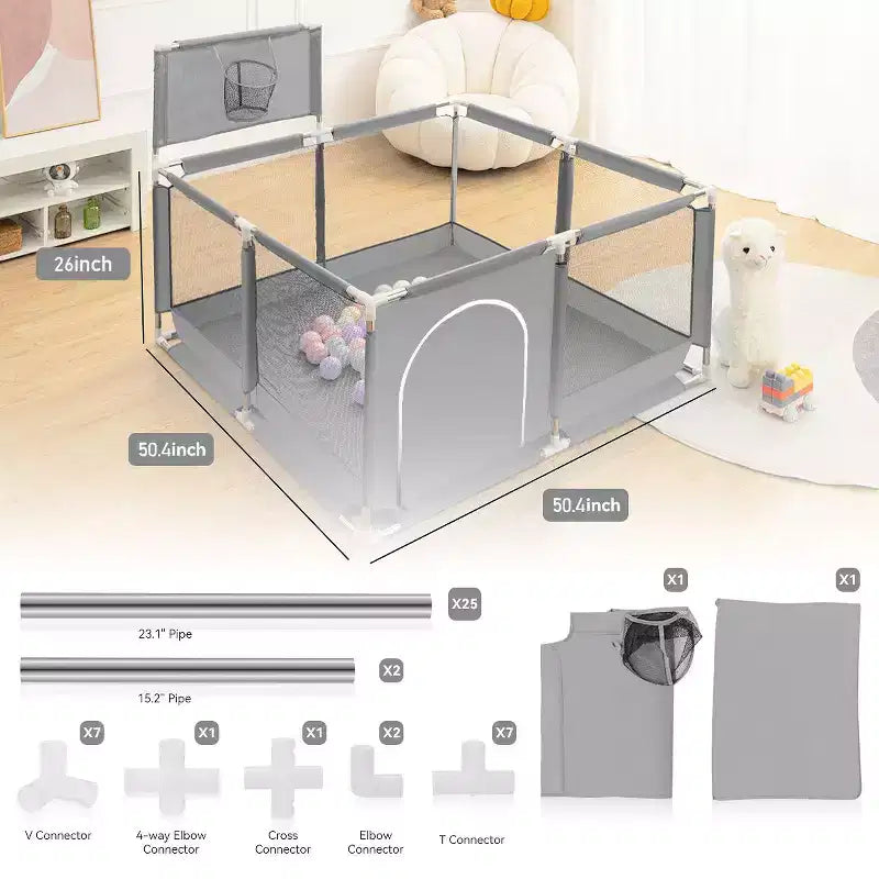 50x50 4-Panel Baby Playpen Portable Playard with Basketball Hoop