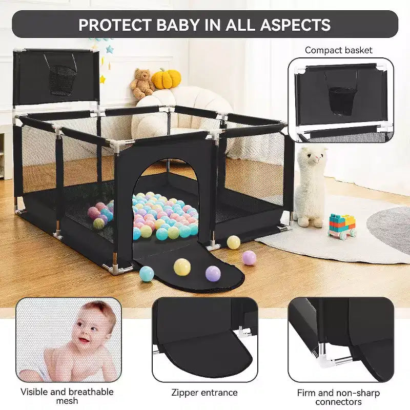 50x50 4-Panel Baby Playpen Portable Playard with Basketball Hoop