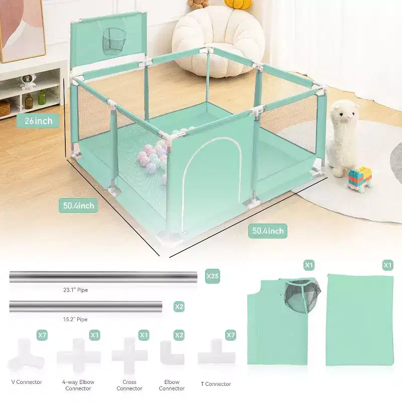 50x50 4-Panel Baby Playpen Portable Playard with Basketball Hoop
