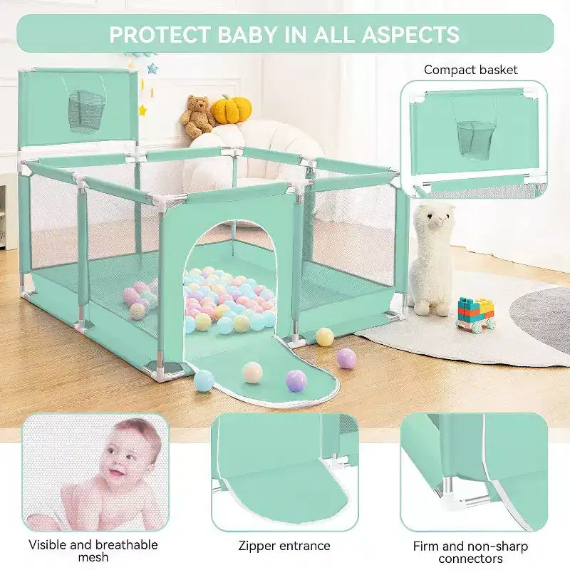 50x50 4-Panel Baby Playpen Portable Playard with Basketball Hoop