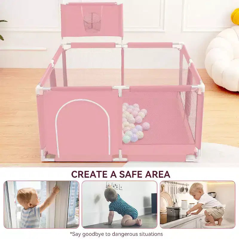 50x50 4-Panel Baby Playpen Portable Playard with Basketball Hoop