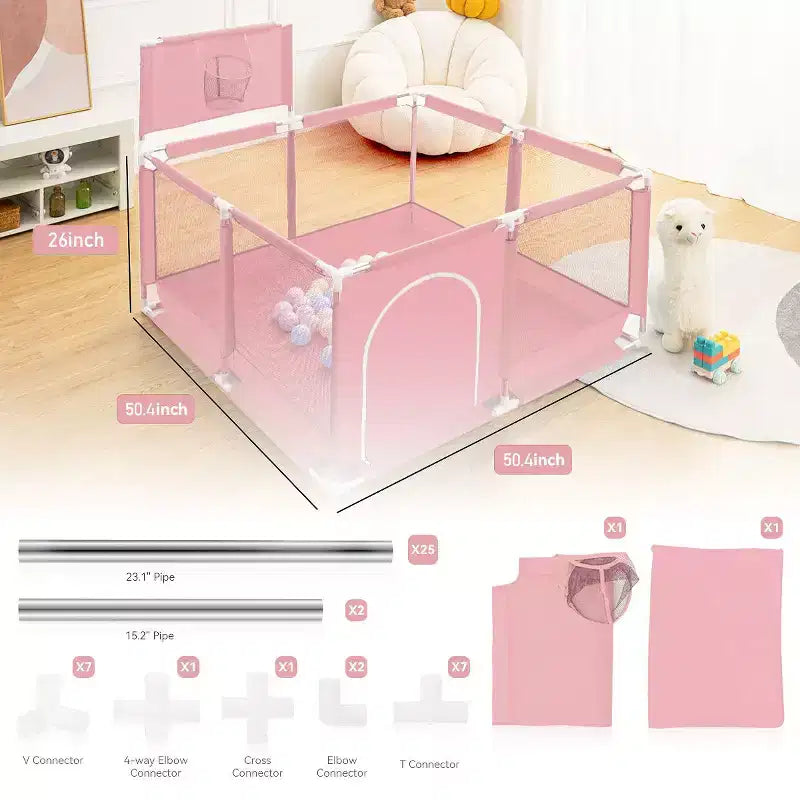 50x50 4-Panel Baby Playpen Portable Playard with Basketball Hoop