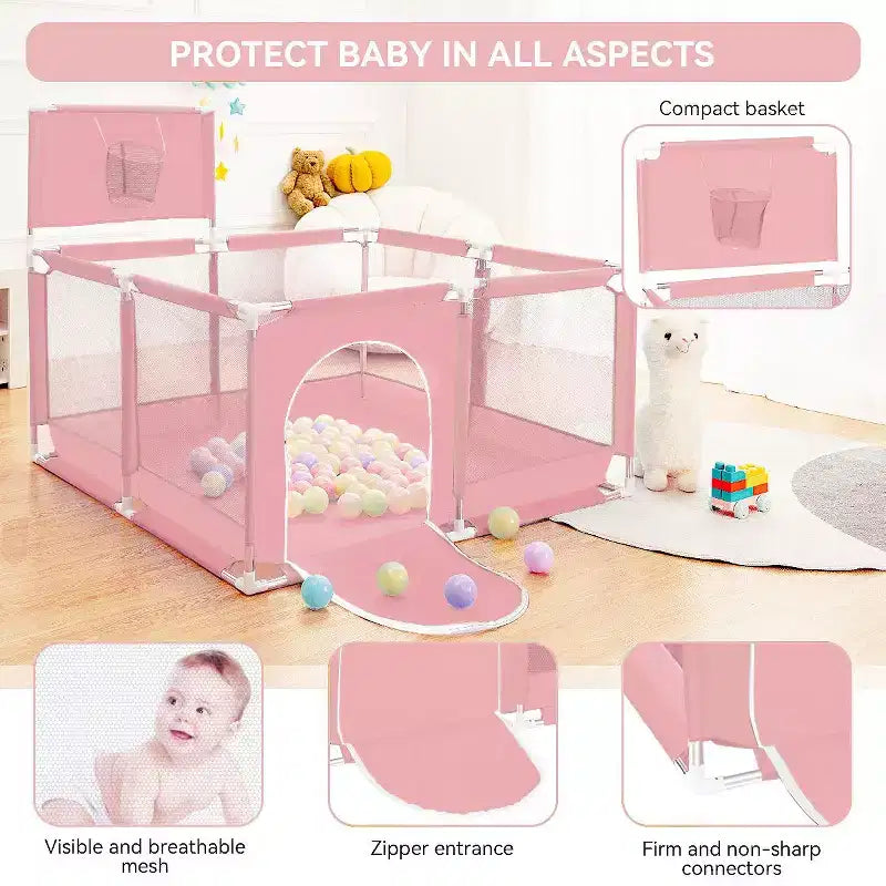 50x50 4-Panel Baby Playpen Portable Playard with Basketball Hoop