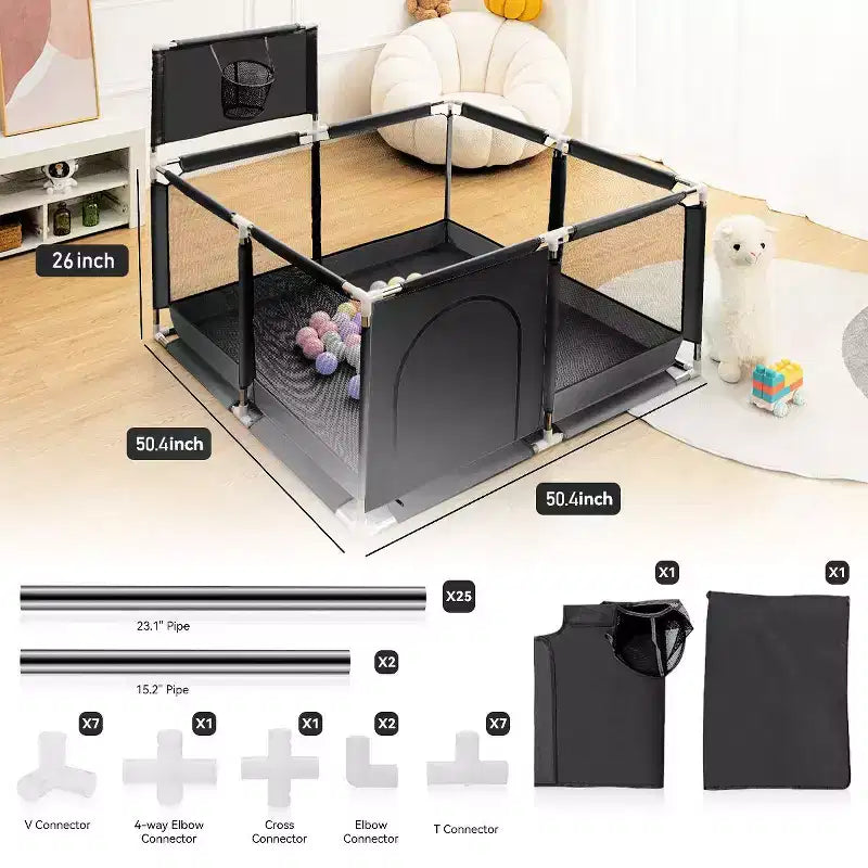 50x50 4-Panel Baby Playpen Portable Playard with Basketball Hoop