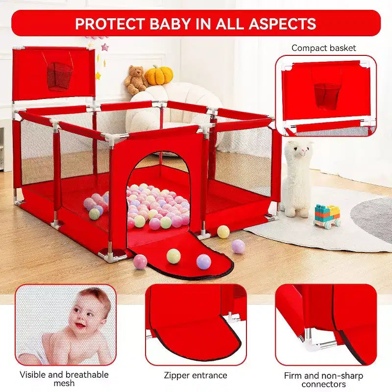 50x50 4-Panel Baby Playpen Portable Playard with Basketball Hoop