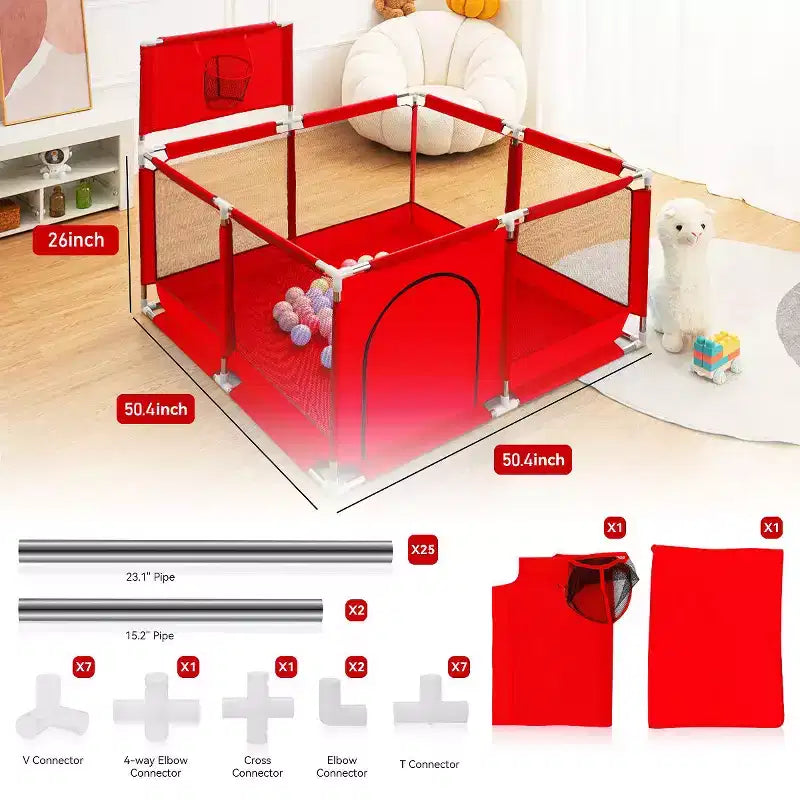 50x50 4-Panel Baby Playpen Portable Playard with Basketball Hoop