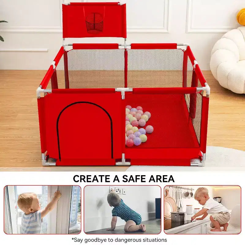 50x50 4-Panel Baby Playpen Portable Playard with Basketball Hoop