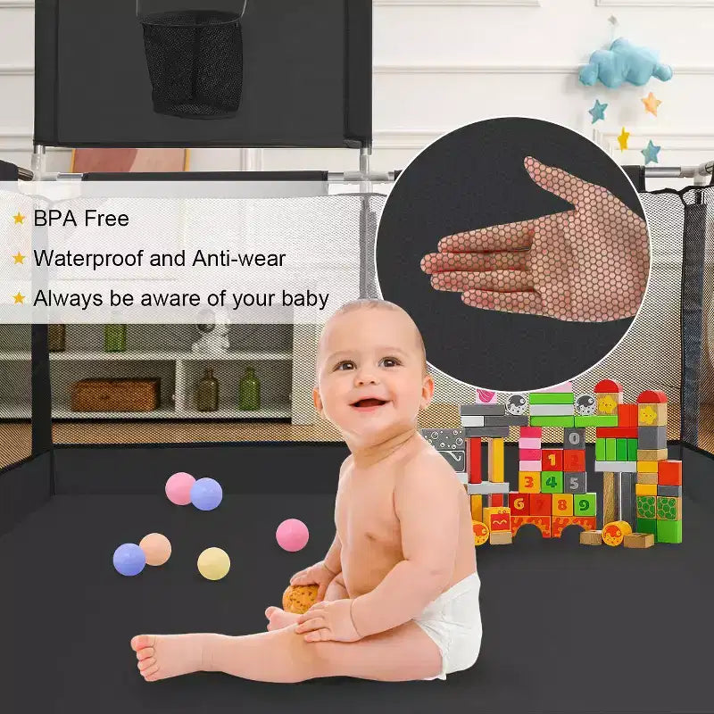 50x50 4-Panel Baby Playpen Portable Playard with Basketball Hoop