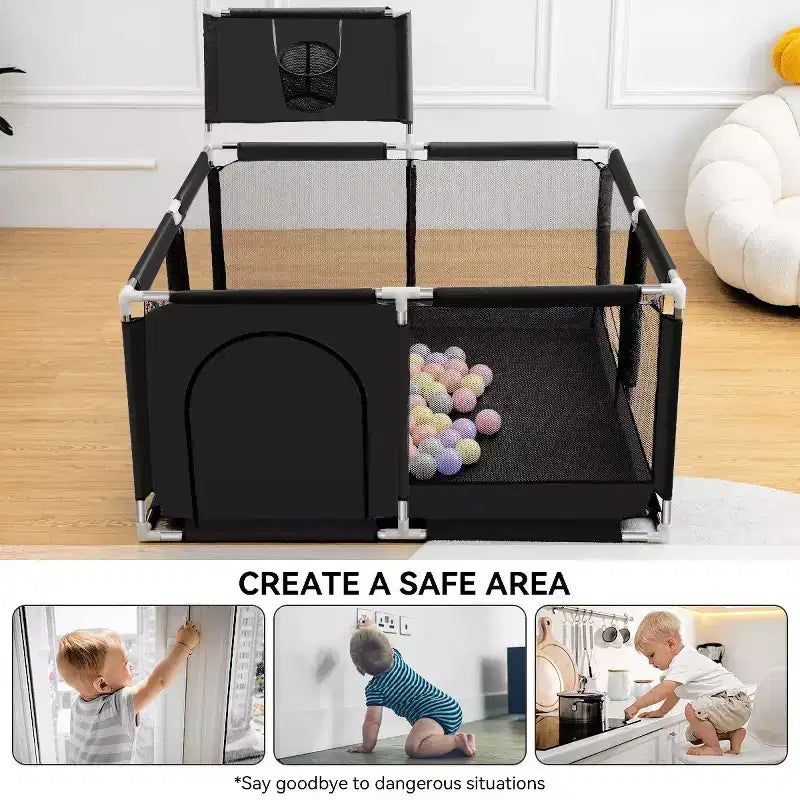 50x50 4-Panel Baby Playpen Portable Playard with Basketball Hoop