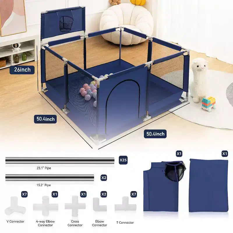 50x50 4-Panel Baby Playpen Portable Playard with Basketball Hoop