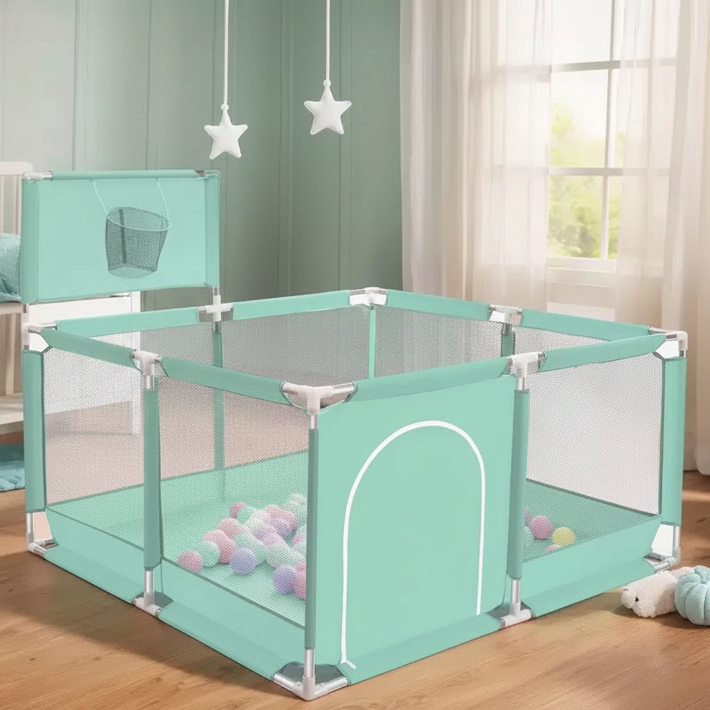 50x50 4-Panel Baby Playpen Portable Playard with Basketball Hoop