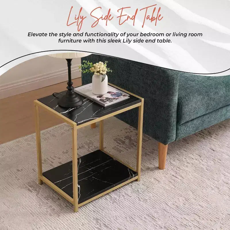 Tavolino Laterale con Ripiani Portaoggetti Effetto Marmo e Struttura in Metallo, Comodino per Camera da Letto, Soggiorno o Tavolino d'Appoggio Moderno