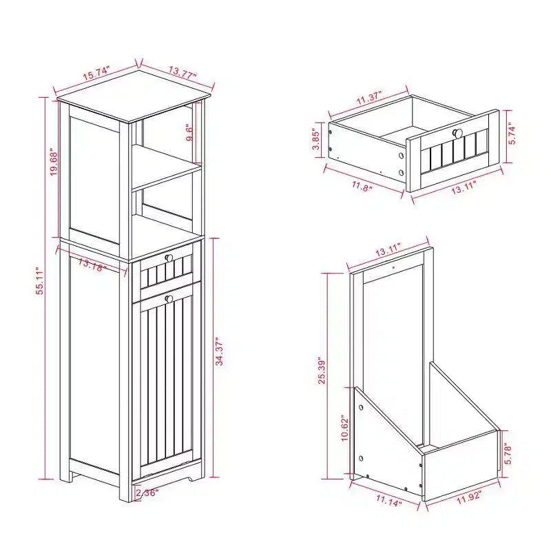55'' Tall Bathroom Storage Cabinet, Hidden Tilt Out Laundry Hamper, Wooden Floor Cabinet For Laundry Room Living Room White