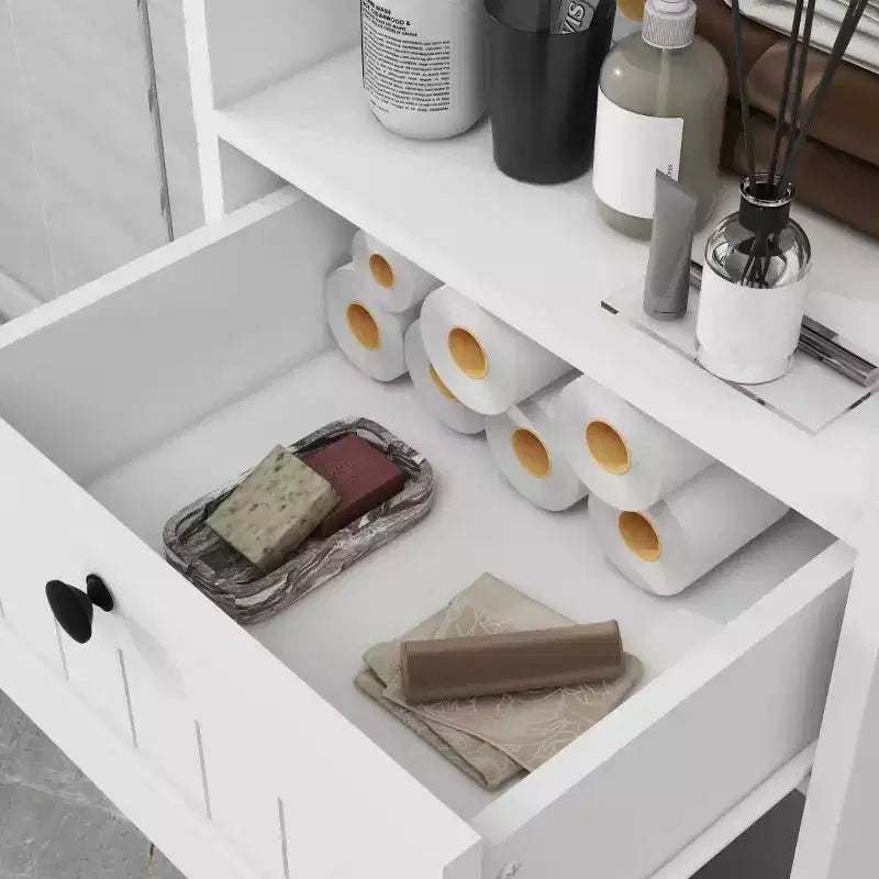 55'' Tall Bathroom Storage Cabinet, Hidden Tilt Out Laundry Hamper, Wooden Floor Cabinet For Laundry Room Living Room White