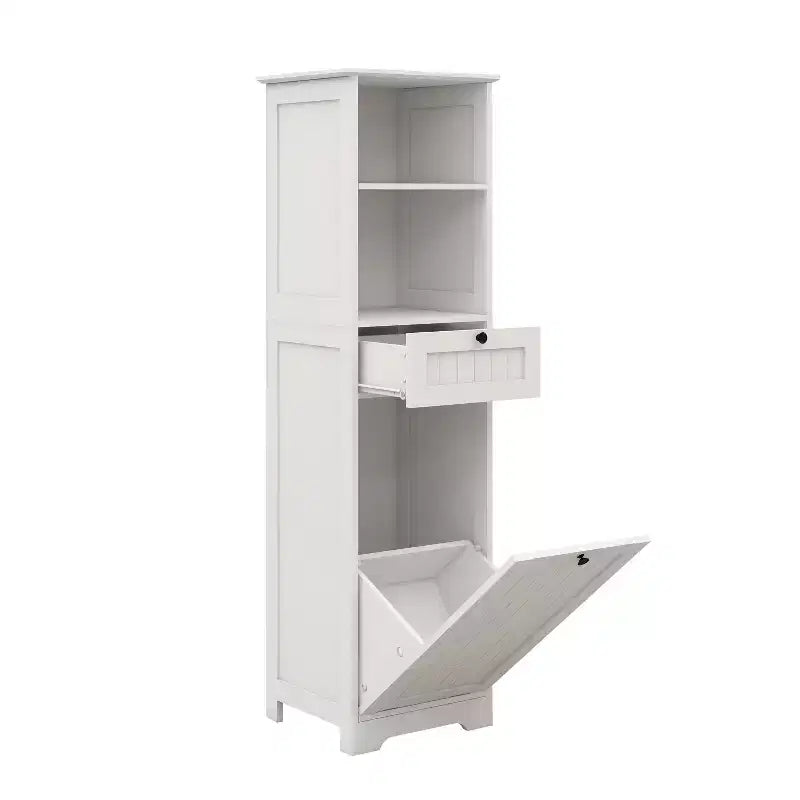 55'' Tall Bathroom Storage Cabinet, Hidden Tilt Out Laundry Hamper, Wooden Floor Cabinet For Laundry Room Living Room White