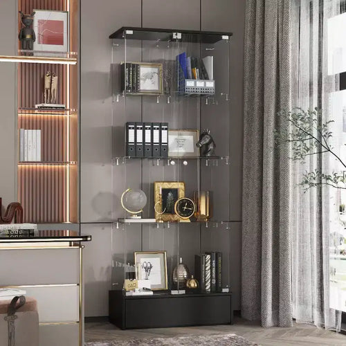 2-Door 1-Drawer Glass Storage Cabinet Modern Display Unit Bookshelf Curio