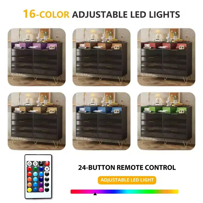 6 Drawer Dresser with Led Lights, Modern Dresser with 3 Open Shelves for Bedroom