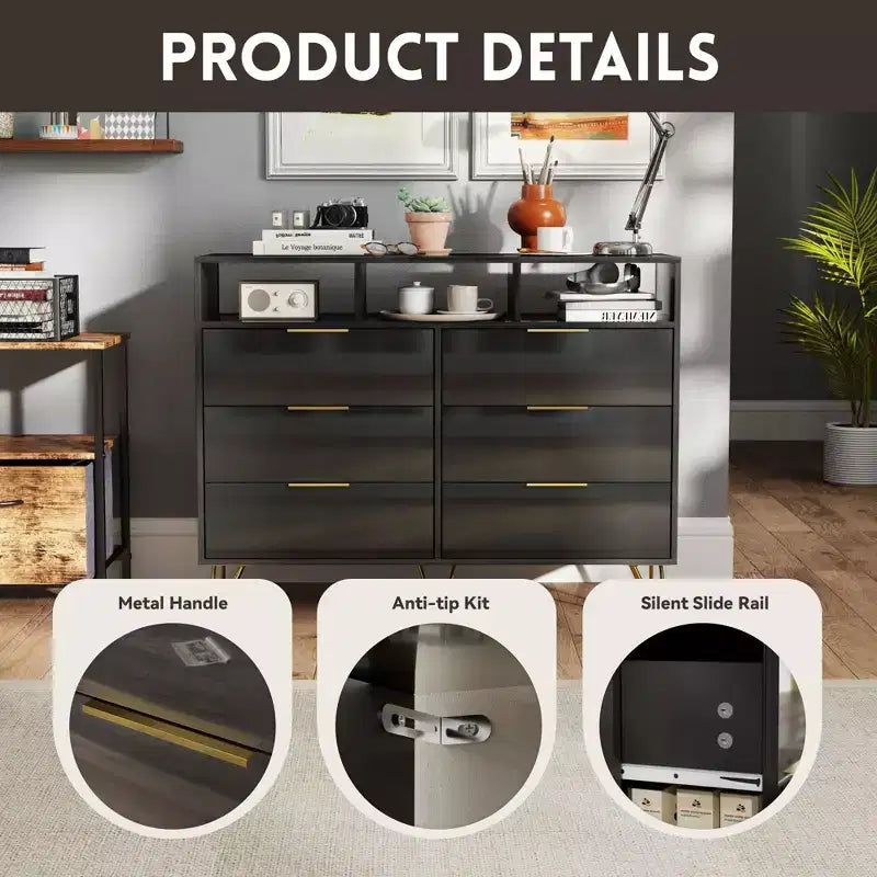 6 Drawer Dresser with Led Lights, Modern Dresser with 3 Open Shelves for Bedroom