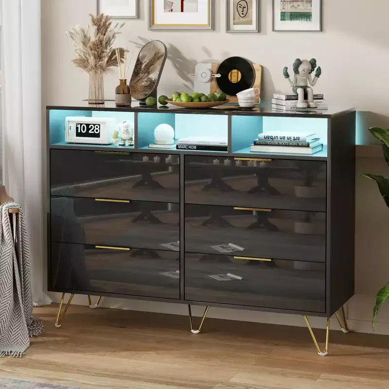 6 Drawer Dresser with Led Lights, Modern Dresser with 3 Open Shelves for Bedroom