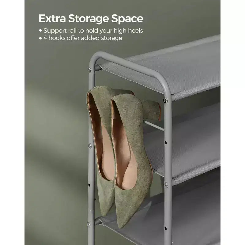 Shoe Rack, 2 Tier Shoe Organizer, Fabric Shoe Shelf Storage with Hooks, Holds up to 12 Pairs of Shoes, Height-Adjustable Shoe Rack