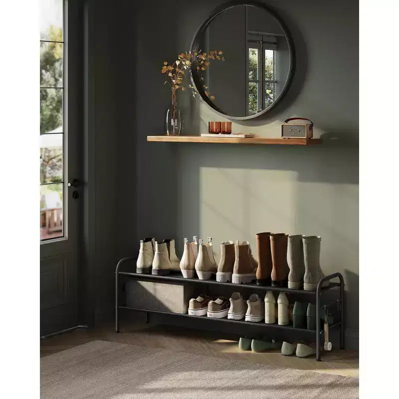 Shoe Rack, 2 Tier Shoe Organizer, Fabric Shoe Shelf Storage with Hooks, Holds up to 12 Pairs of Shoes, Height-Adjustable Shoe Rack
