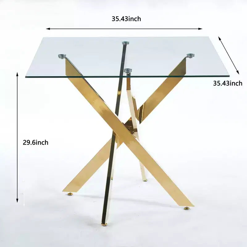 Dining Table with cross metal leg and tempered glass,Modern Space Saving Kitchen Table for Living Room,chrome legs,Square table,golden legs,90x90x75cm