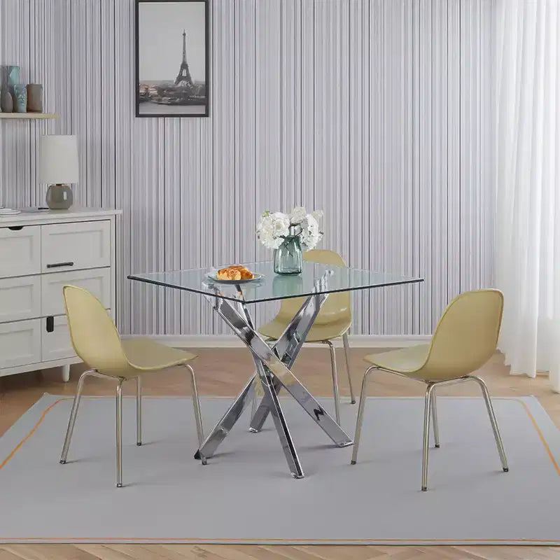 Dining Table with cross metal leg and tempered glass,Modern Space Saving Kitchen Table for Living Room,chrome legs,Square table,golden legs,90x90x75cm