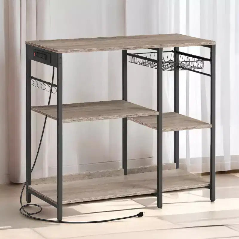 Scaffale per panettiere, bancone da caffè con stazione di ricarica, mensole portaoggetti, cestello estraibile in filo metallico, tavolo per microonde, cucina