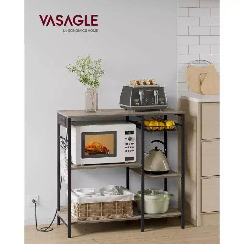 Scaffale per panettiere, bancone da caffè con stazione di ricarica, mensole portaoggetti, cestello estraibile in filo metallico, tavolo per microonde, cucina