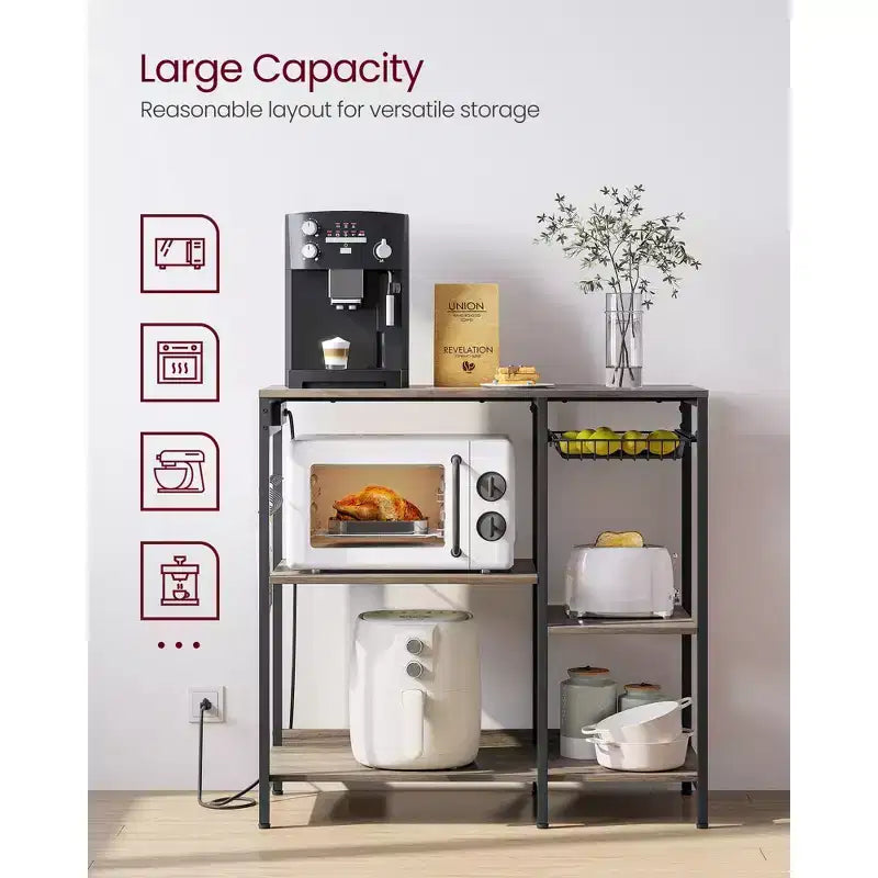 Scaffale per panettiere, bancone da caffè con stazione di ricarica, mensole portaoggetti, cestello estraibile in filo metallico, tavolo per microonde, cucina