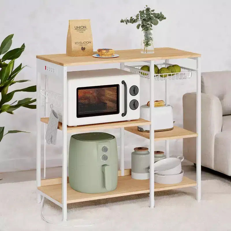 Scaffale per panettiere, bancone da caffè con stazione di ricarica, mensole portaoggetti, cestello estraibile in filo metallico, tavolo per microonde, cucina
