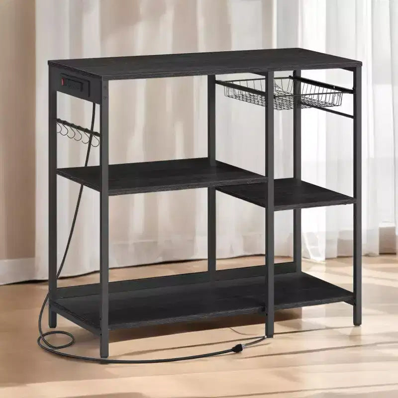 Bakers Rack, Coffee Bar Stand with Charging Station, Storage Shelves, Pull-Out Wire Basket, Table for Microwave, Kitchen