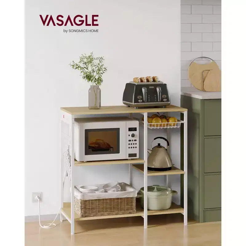 Scaffale per panettiere, bancone da caffè con stazione di ricarica, mensole portaoggetti, cestello estraibile in filo metallico, tavolo per microonde, cucina