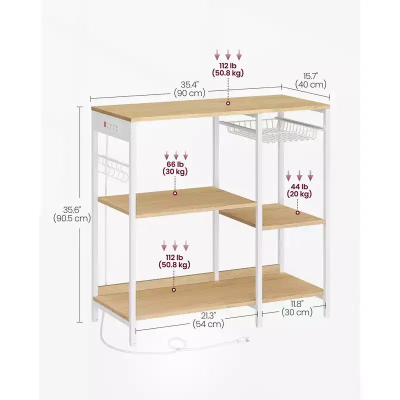 Scaffale per panettiere, bancone da caffè con stazione di ricarica, mensole portaoggetti, cestello estraibile in filo metallico, tavolo per microonde, cucina