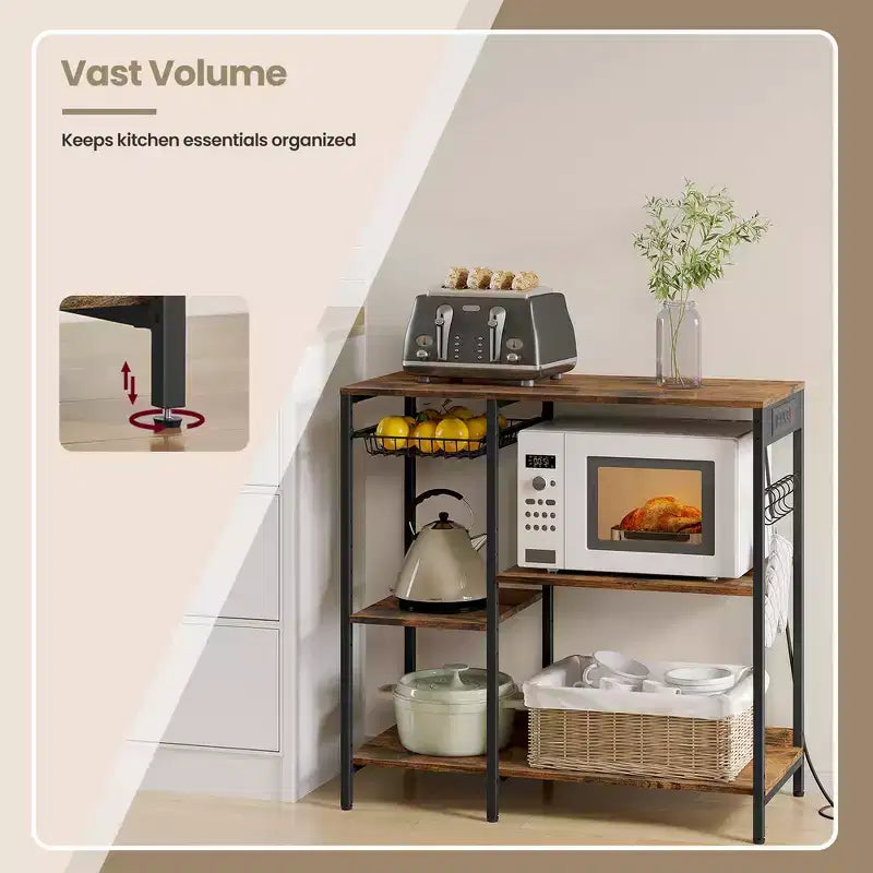 Scaffale per panettiere, bancone da caffè con stazione di ricarica, mensole portaoggetti, cestello estraibile in filo metallico, tavolo per microonde, cucina