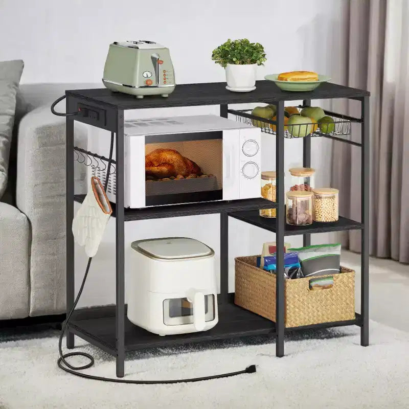Bakers Rack, Coffee Bar Stand with Charging Station, Storage Shelves, Pull-Out Wire Basket, Table for Microwave, Kitchen