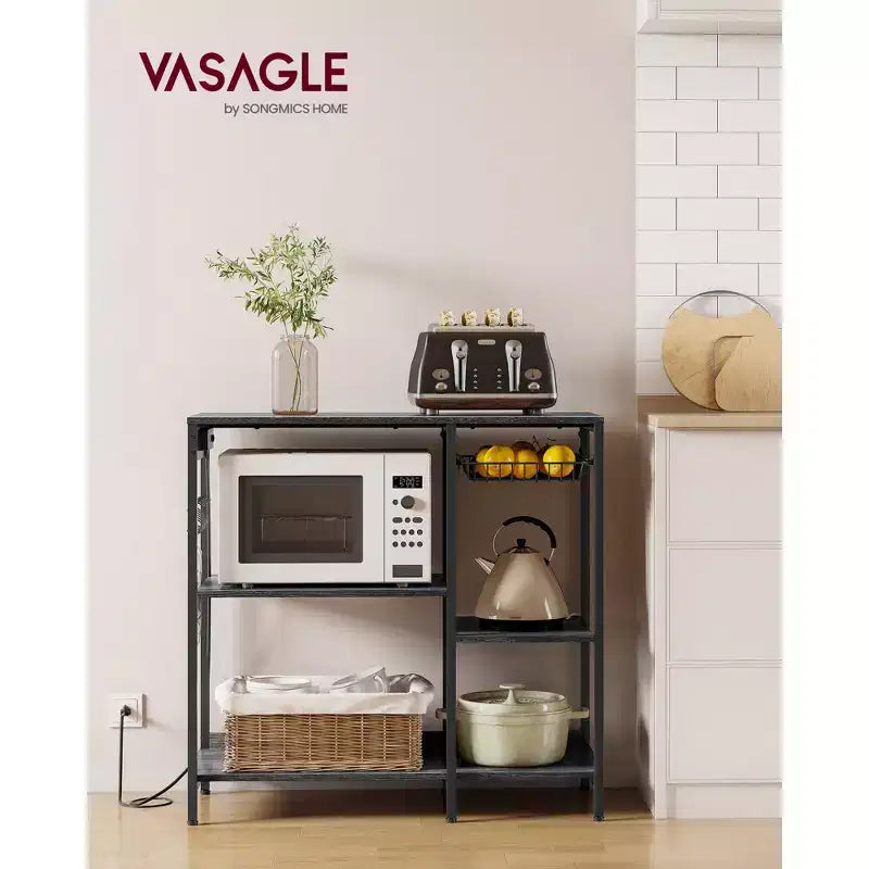 Bakers Rack, Coffee Bar Stand with Charging Station, Storage Shelves, Pull-Out Wire Basket, Table for Microwave, Kitchen