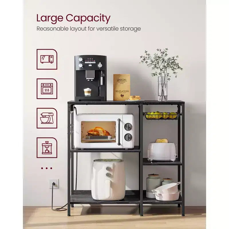 Bakers Rack, Coffee Bar Stand with Charging Station, Storage Shelves, Pull-Out Wire Basket, Table for Microwave, Kitchen