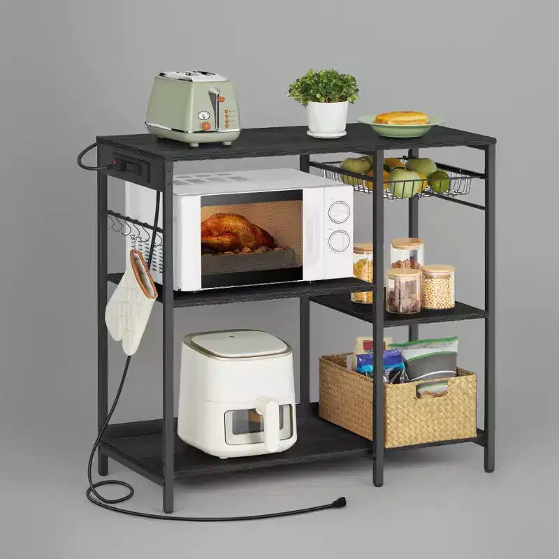 Bakers Rack, Coffee Bar Stand with Charging Station, Storage Shelves, Pull-Out Wire Basket, Table for Microwave, Kitchen