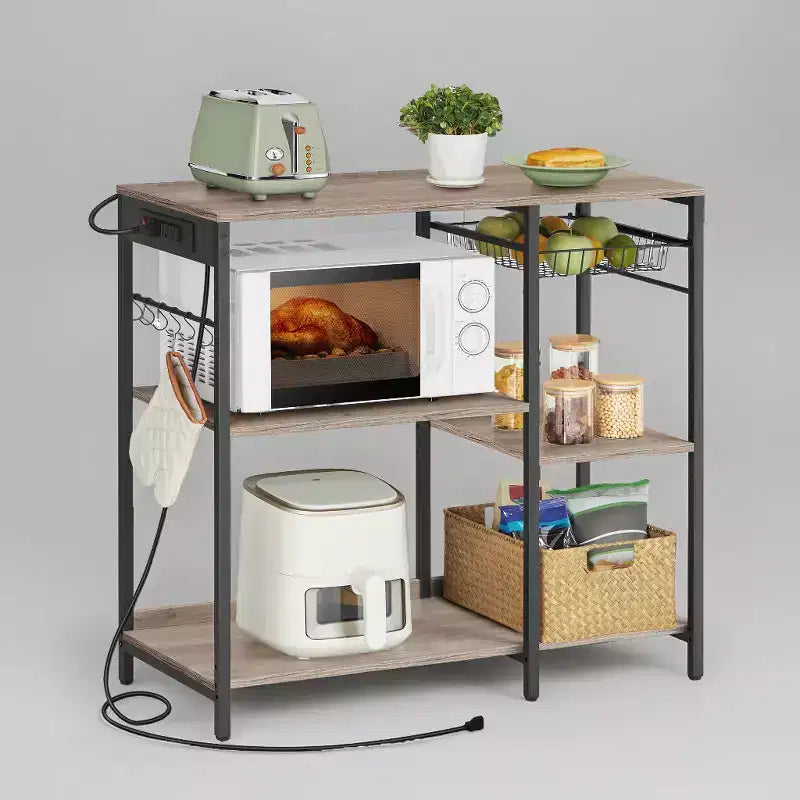 Bakers Rack, Coffee Bar Stand with Charging Station, Storage Shelves, Pull-Out Wire Basket, Table for Microwave, Kitchen