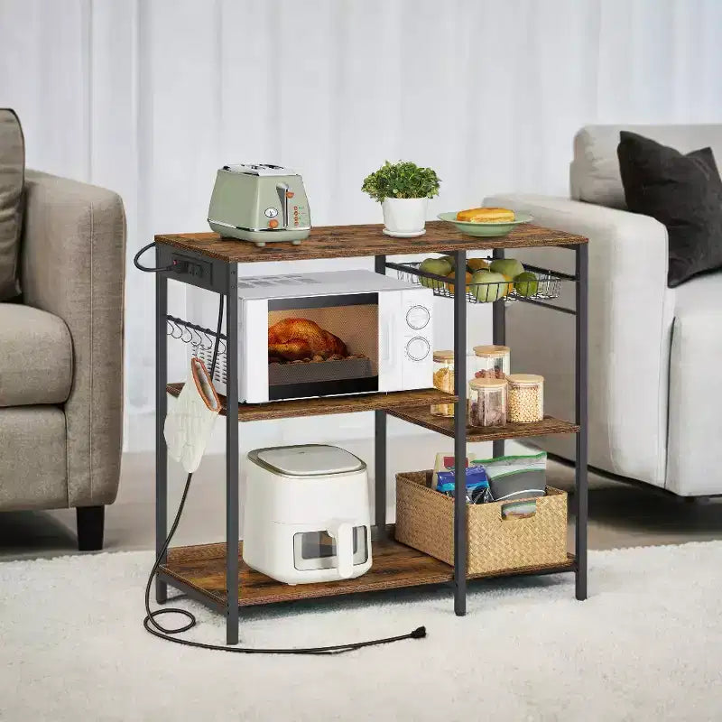 Bakers Rack, Coffee Bar Stand with Charging Station, Storage Shelves, Pull-Out Wire Basket, Table for Microwave, Kitchen