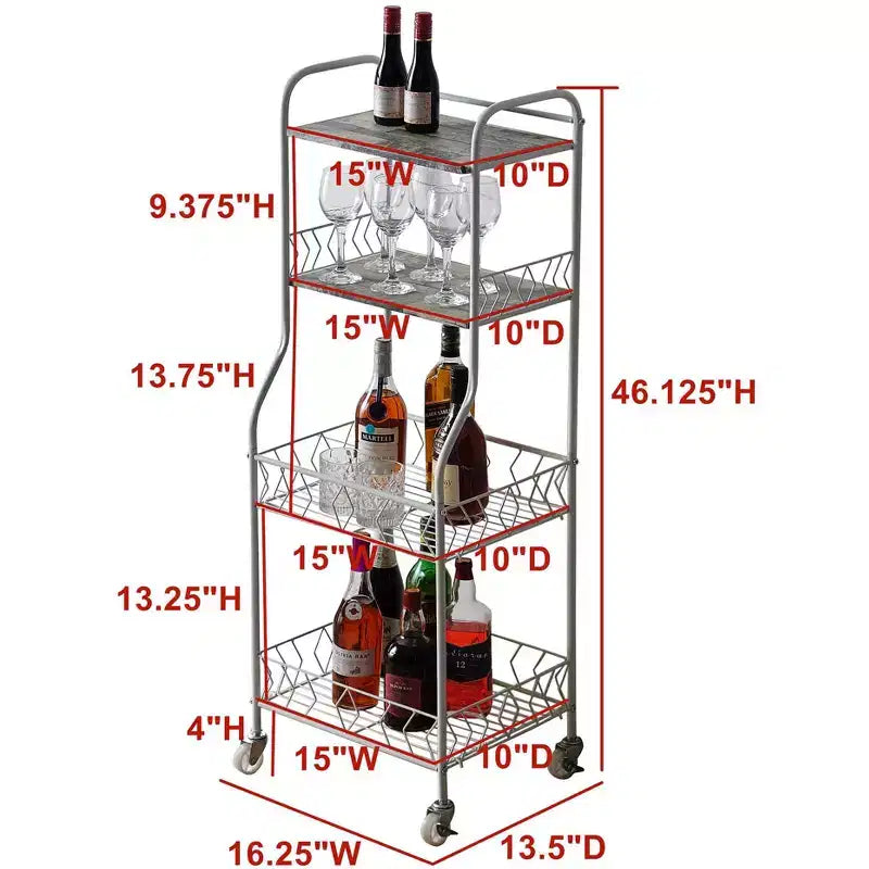 4-Tier Rolling Baker's Rack with Wood Veneer Shelves & Locking Wheels, Kitchen Storage