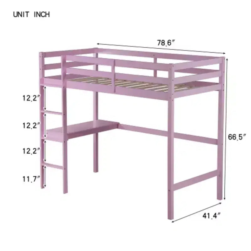 Letto a soppalco alto singolo in legno di gomma con sponda di sicurezza e scrivania integrata