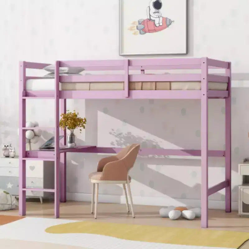 Letto a soppalco alto singolo in legno di gomma con sponda di sicurezza e scrivania integrata