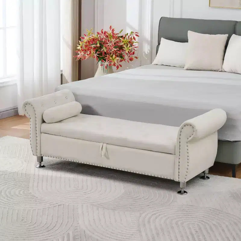 Okak Luxury Soft Velvet Tufting Storage Bench with Crystal Buttons & Pillow,Upholstered Footrest Bench for Bedroom,Hallway